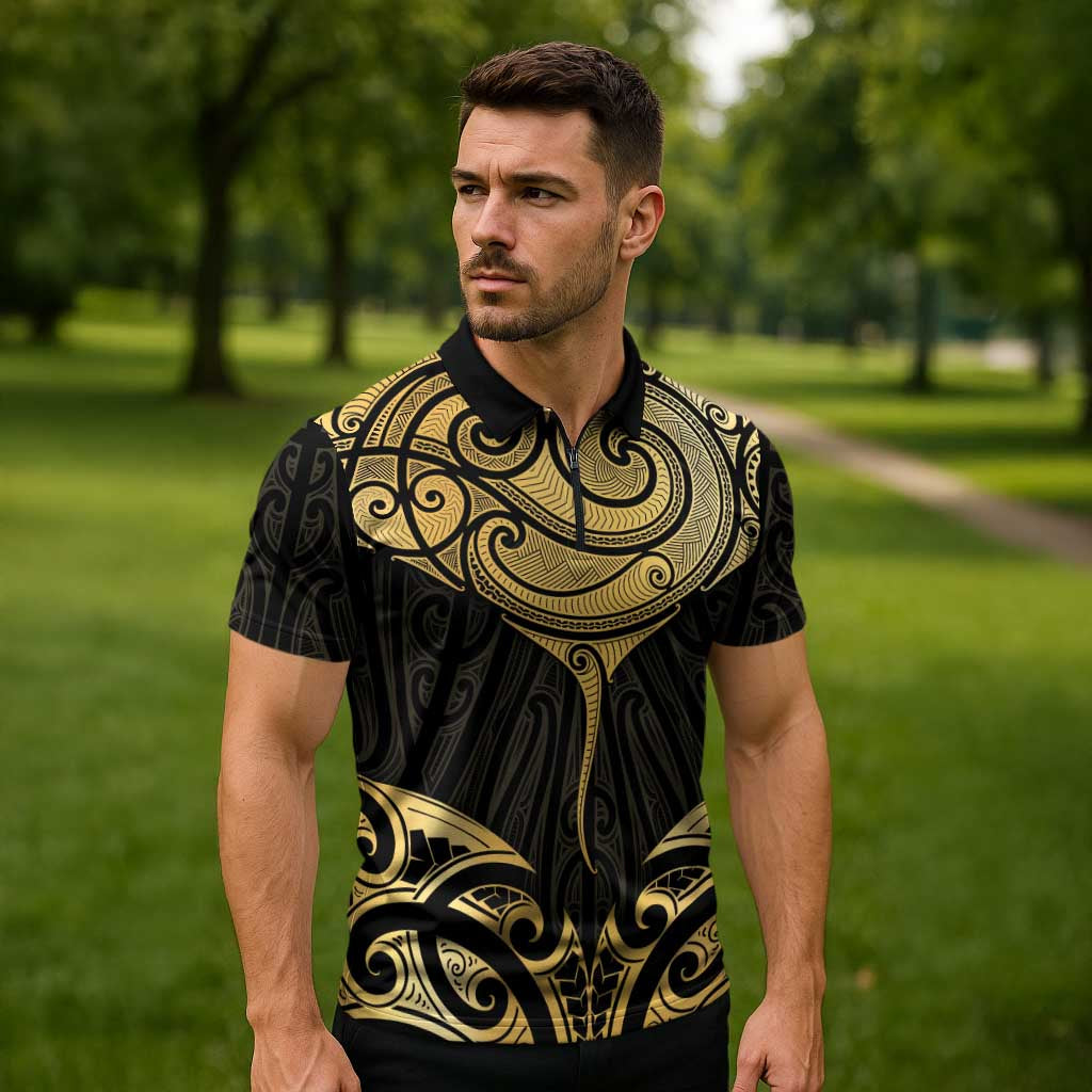Gold Black New Zealand Manta Ray Zipper Polo Shirt Aotearoa Maori Haehae - Polynesian Pride