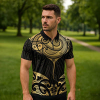 Gold Black New Zealand Manta Ray Zipper Polo Shirt Aotearoa Maori Haehae - Polynesian Pride