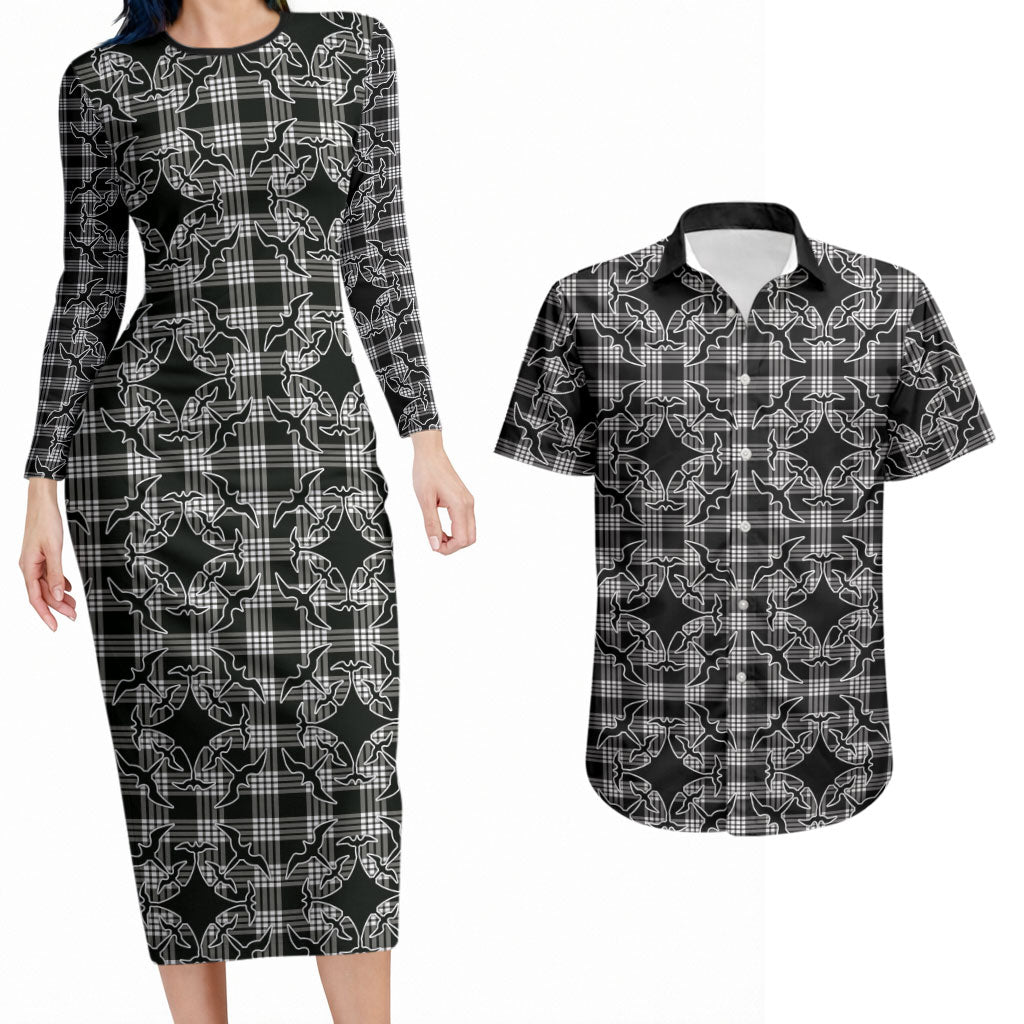 Eleele Hawaii Iwa Bird Palaka Motifs Couples Matching Long Sleeve Bodycon Dress and Hawaiian Shirt LT14 Black - Polynesian Pride