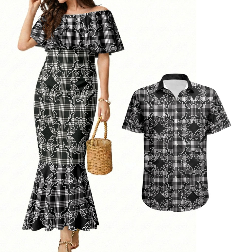 Eleele Hawaii Iwa Bird Palaka Motifs Couples Matching Mermaid Dress and Hawaiian Shirt LT14 Black - Polynesian Pride