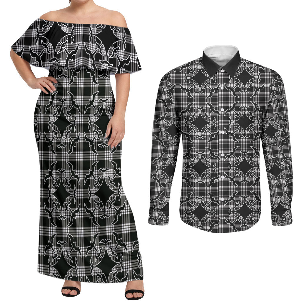 Eleele Hawaii Iwa Bird Palaka Motifs Couples Matching Off Shoulder Maxi Dress and Long Sleeve Button Shirt LT14 Black - Polynesian Pride