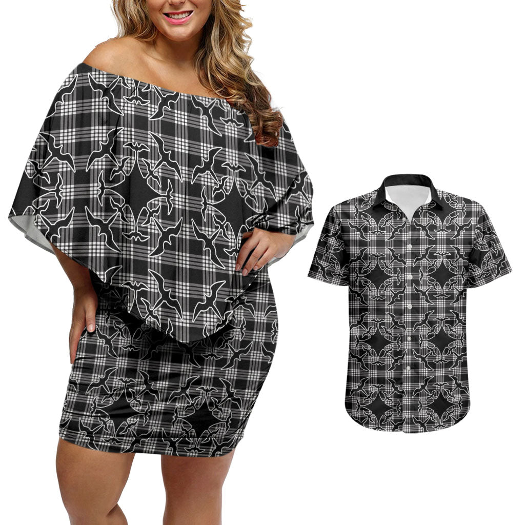 Eleele Hawaii Iwa Bird Palaka Motifs Couples Matching Off Shoulder Short Dress and Hawaiian Shirt LT14 Black - Polynesian Pride