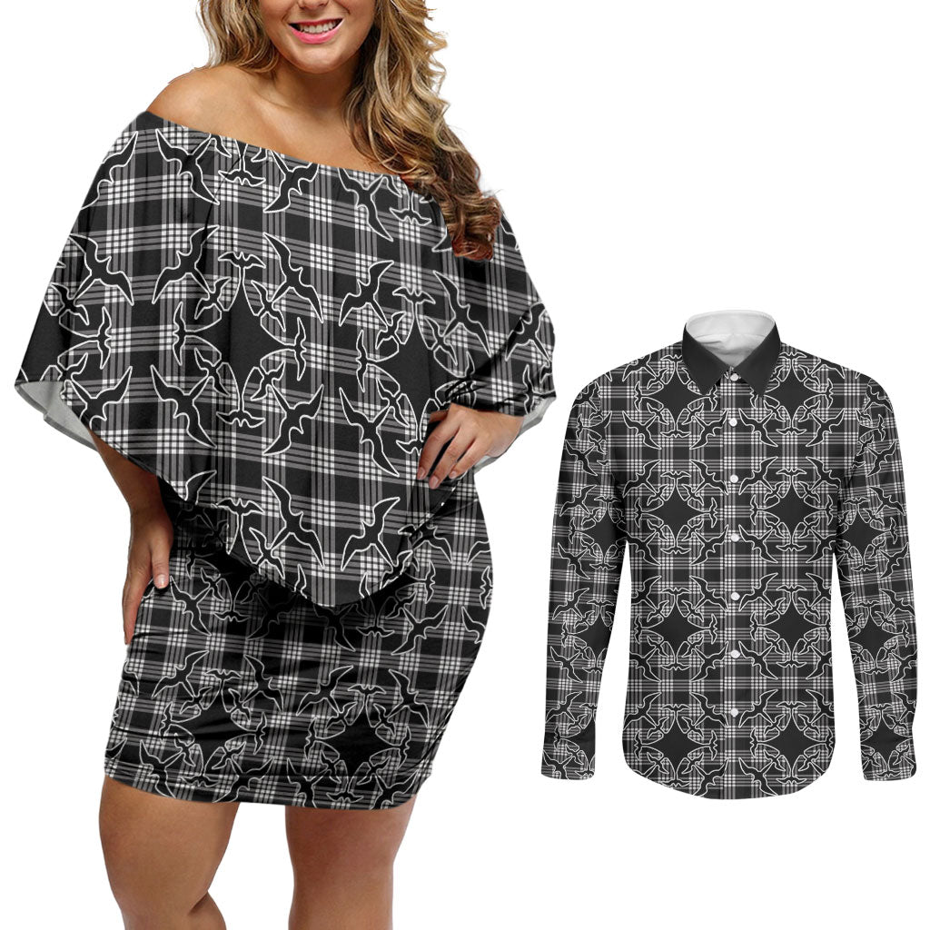 Eleele Hawaii Iwa Bird Palaka Motifs Couples Matching Off Shoulder Short Dress and Long Sleeve Button Shirt LT14 Black - Polynesian Pride