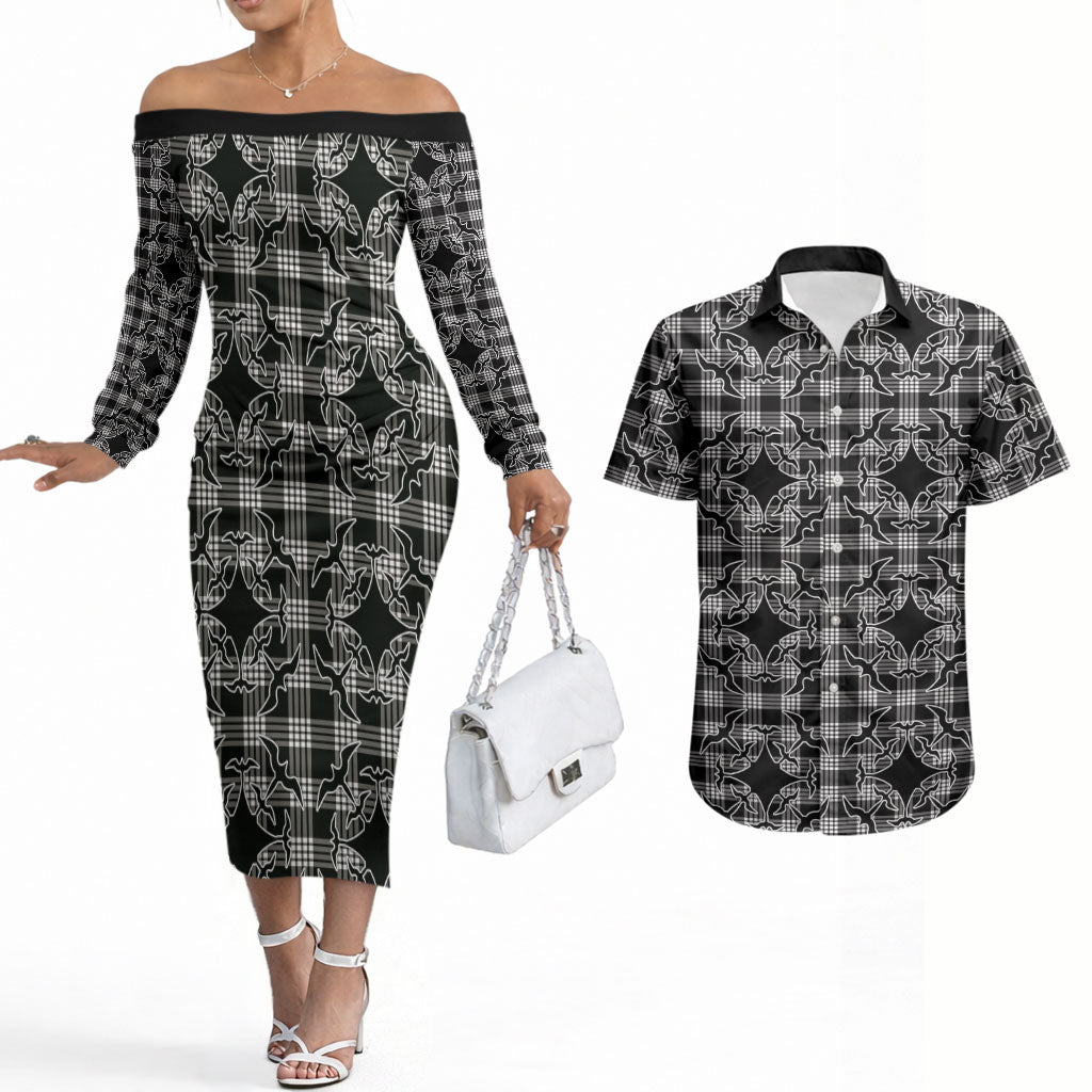 Eleele Hawaii Iwa Bird Palaka Motifs Couples Matching Off The Shoulder Long Sleeve Dress and Hawaiian Shirt LT14 Black - Polynesian Pride