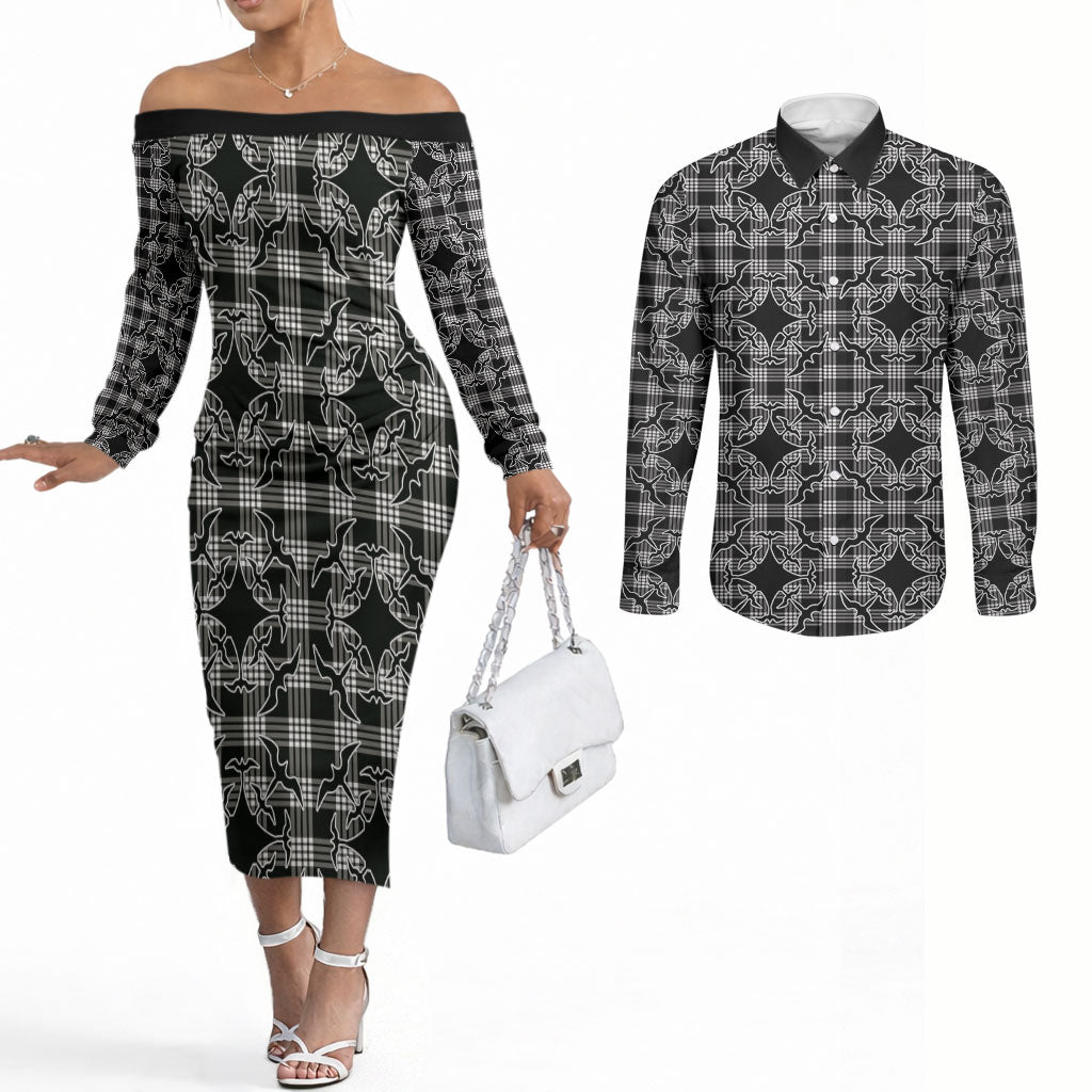 Eleele Hawaii Iwa Bird Palaka Motifs Couples Matching Off The Shoulder Long Sleeve Dress and Long Sleeve Button Shirt LT14 Black - Polynesian Pride