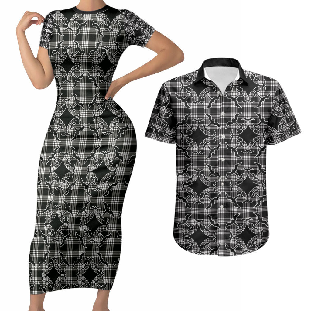 Eleele Hawaii Iwa Bird Palaka Motifs Couples Matching Short Sleeve Bodycon Dress and Hawaiian Shirt LT14 Black - Polynesian Pride