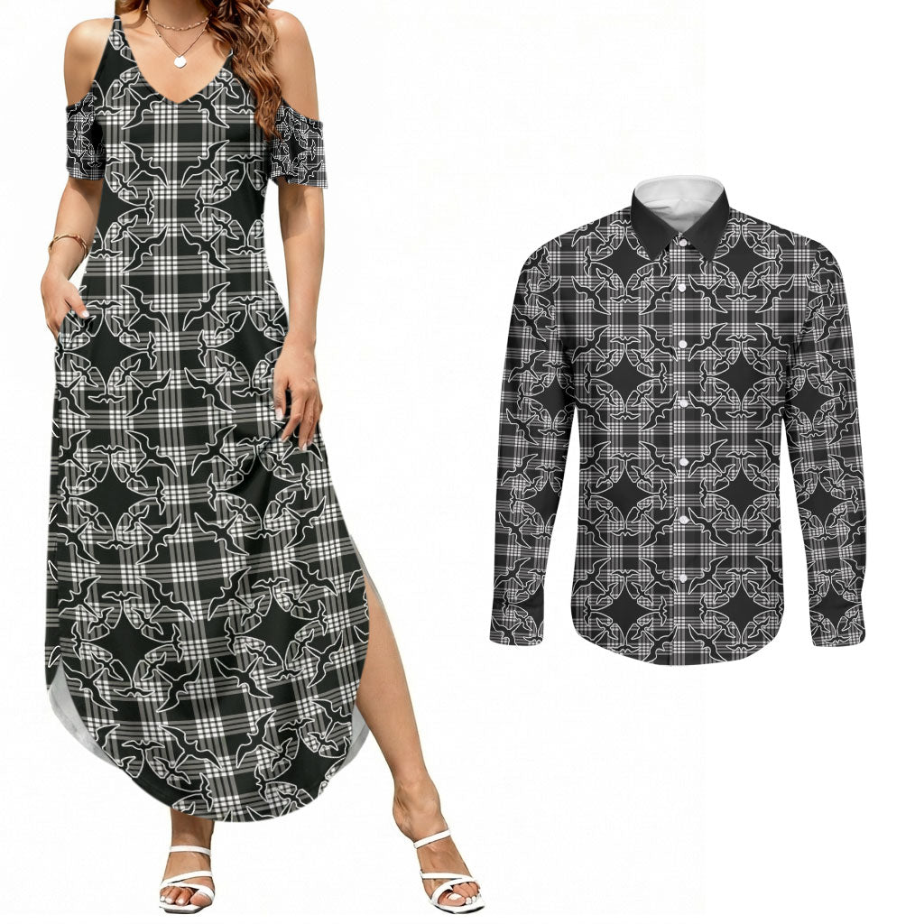 Eleele Hawaii Iwa Bird Palaka Motifs Couples Matching Summer Maxi Dress and Long Sleeve Button Shirt LT14 Black - Polynesian Pride