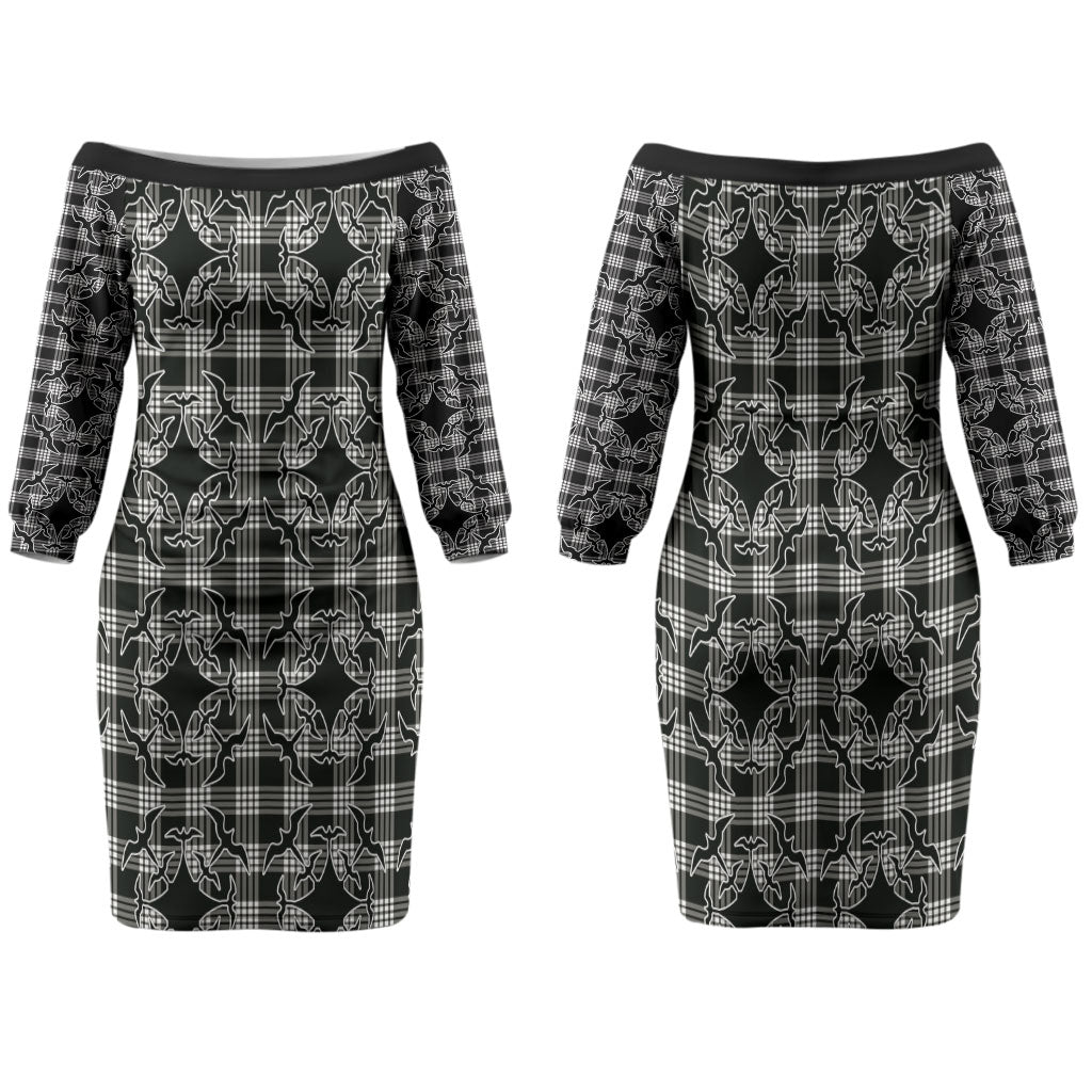 Eleele Hawaii Iwa Bird Palaka Motifs Family Matching Off The Shoulder Long Sleeve Dress and Hawaiian Shirt LT14 Mom's Dress Black - Polynesian Pride