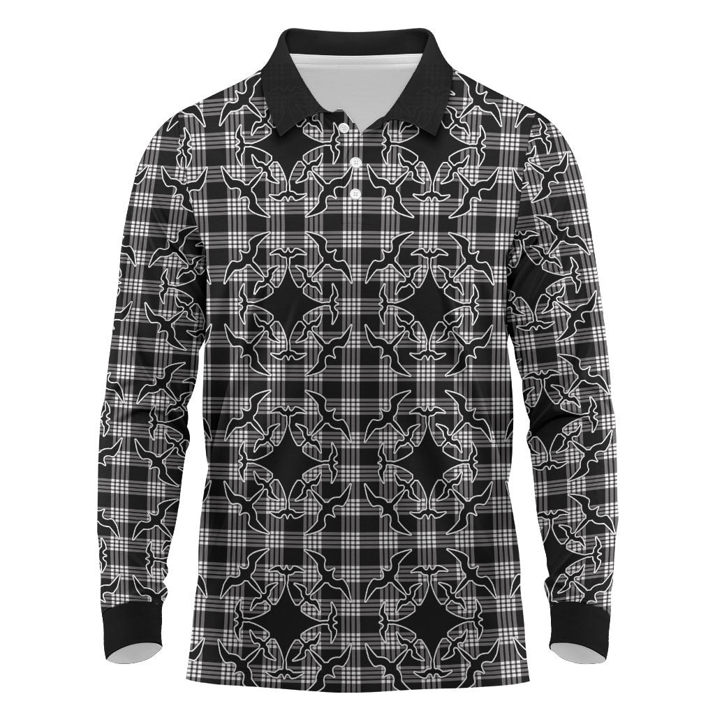 Eleele Hawaii Iwa Bird Palaka Motifs Long Sleeve Polo Shirt LT14 Black - Polynesian Pride