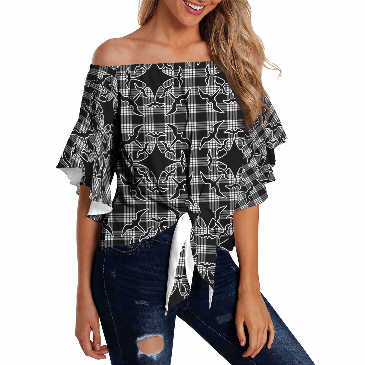 Eleele Hawaii Iwa Bird Palaka Motifs Off Shoulder Wrap Waist Top LT14 Black - Polynesian Pride