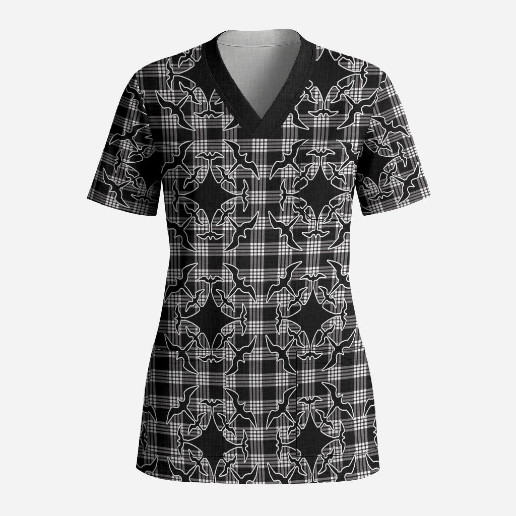 Eleele Hawaii Iwa Bird Palaka Motifs Scrub Top LT14 Adult Black - Polynesian Pride