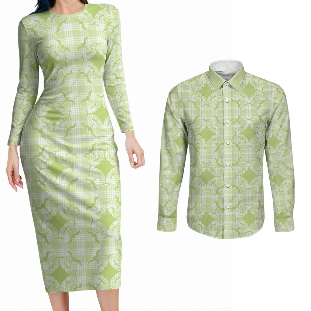 Omaomao Hawaii Iwa Bird Palaka Motifs Couples Matching Long Sleeve Bodycon Dress and Long Sleeve Button Shirt LT14 Green - Polynesian Pride