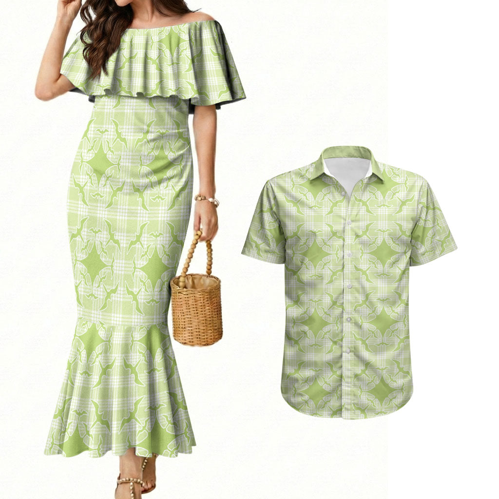 Omaomao Hawaii Iwa Bird Palaka Motifs Couples Matching Mermaid Dress and Hawaiian Shirt LT14 Green - Polynesian Pride