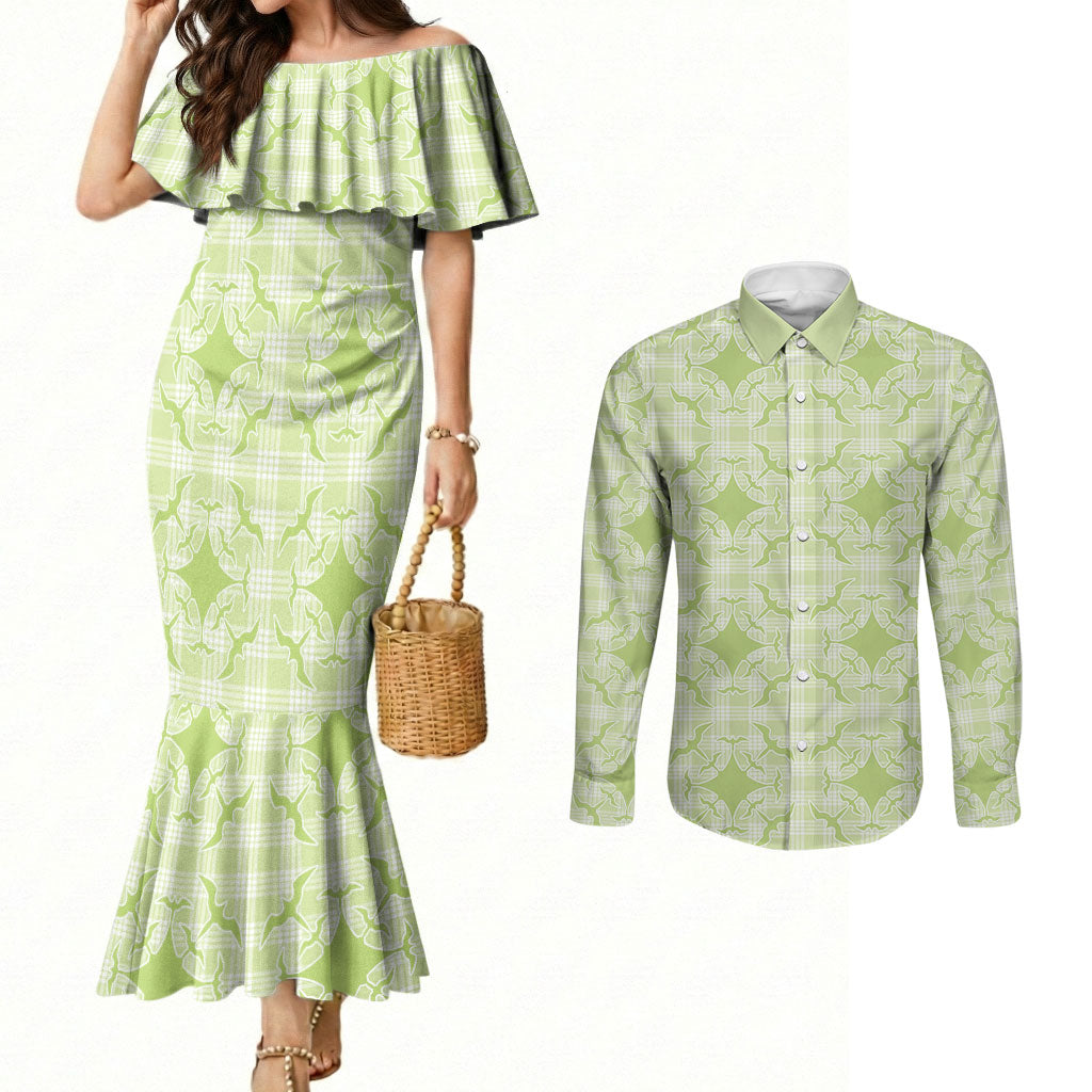 Omaomao Hawaii Iwa Bird Palaka Motifs Couples Matching Mermaid Dress and Long Sleeve Button Shirt LT14 Green - Polynesian Pride