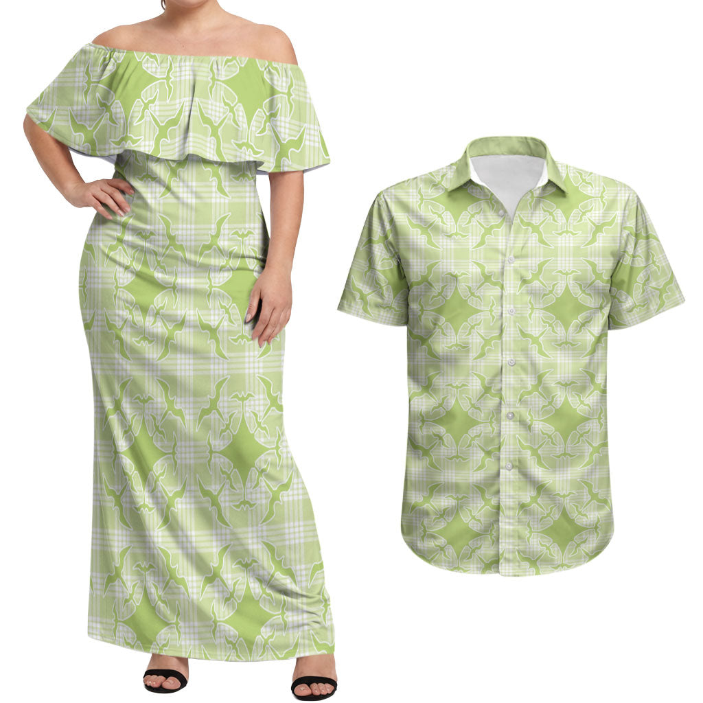 Omaomao Hawaii Iwa Bird Palaka Motifs Couples Matching Off Shoulder Maxi Dress and Hawaiian Shirt LT14 Green - Polynesian Pride