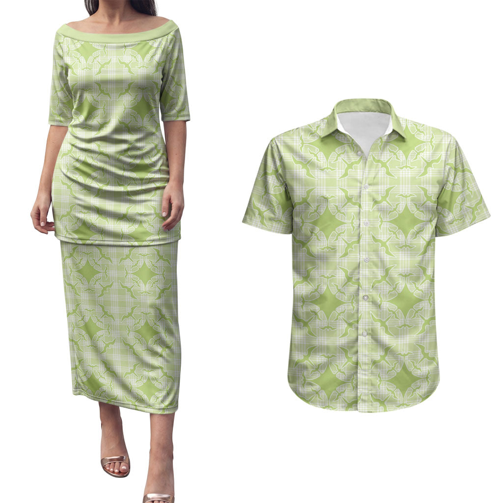 Omaomao Hawaii Iwa Bird Palaka Motifs Couples Matching Puletasi and Hawaiian Shirt LT14 Green - Polynesian Pride