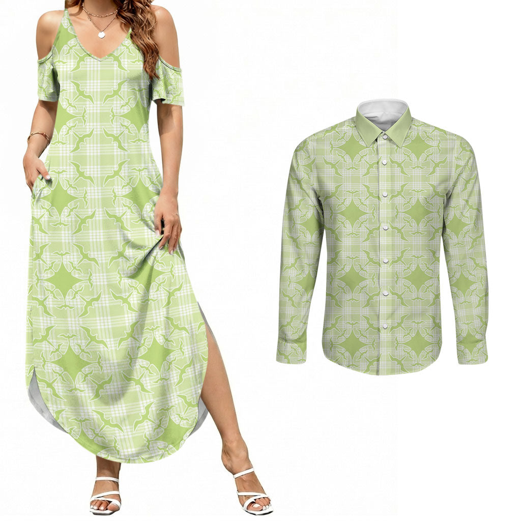 Omaomao Hawaii Iwa Bird Palaka Motifs Couples Matching Summer Maxi Dress and Long Sleeve Button Shirt LT14 Green - Polynesian Pride
