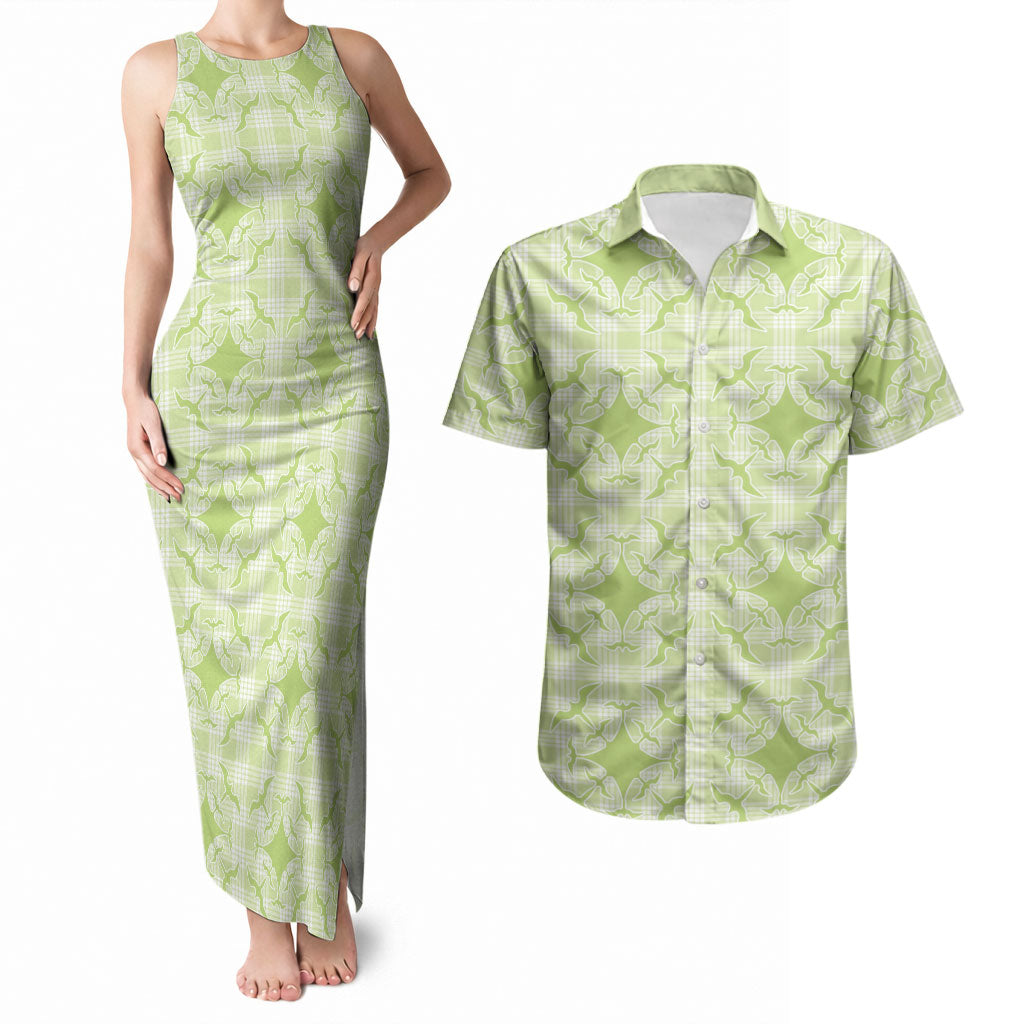 Omaomao Hawaii Iwa Bird Palaka Motifs Couples Matching Tank Maxi Dress and Hawaiian Shirt LT14 Green - Polynesian Pride