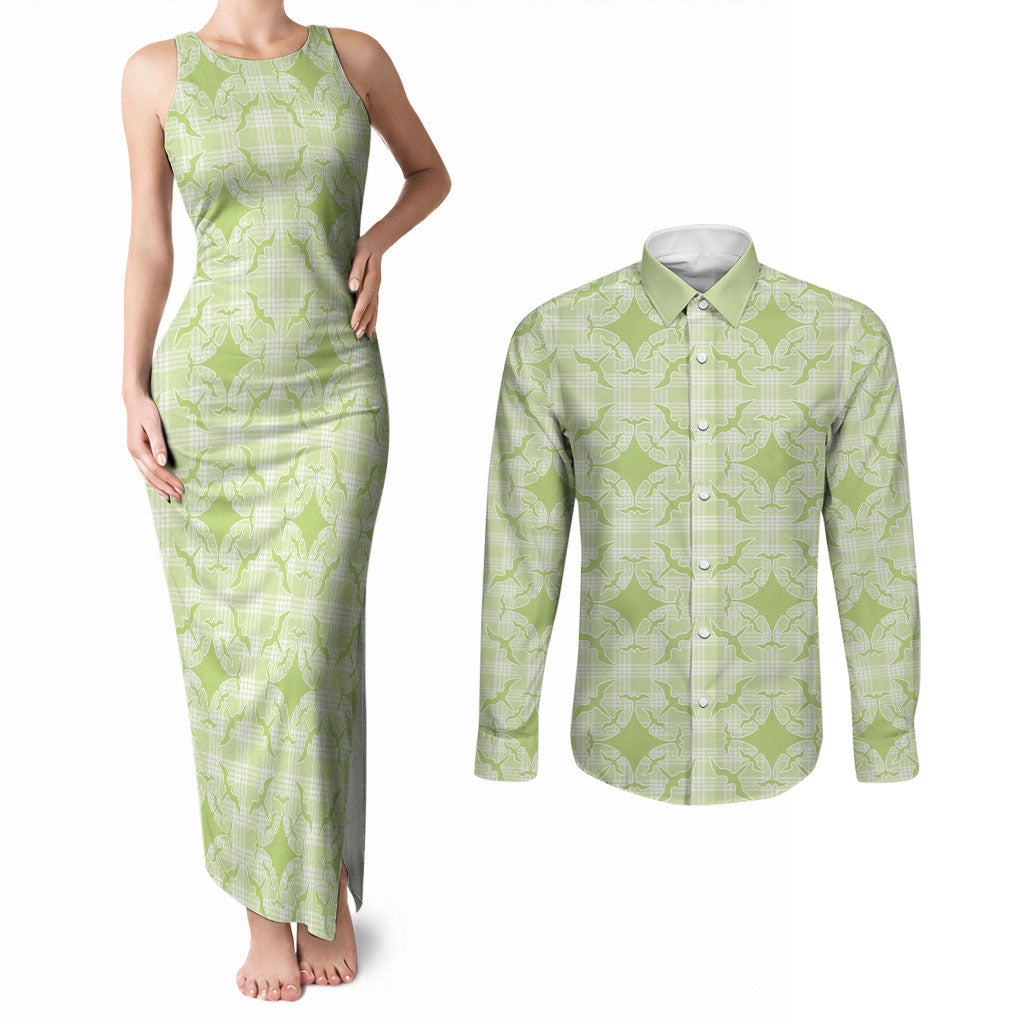 Omaomao Hawaii Iwa Bird Palaka Motifs Couples Matching Tank Maxi Dress and Long Sleeve Button Shirt LT14 Green - Polynesian Pride
