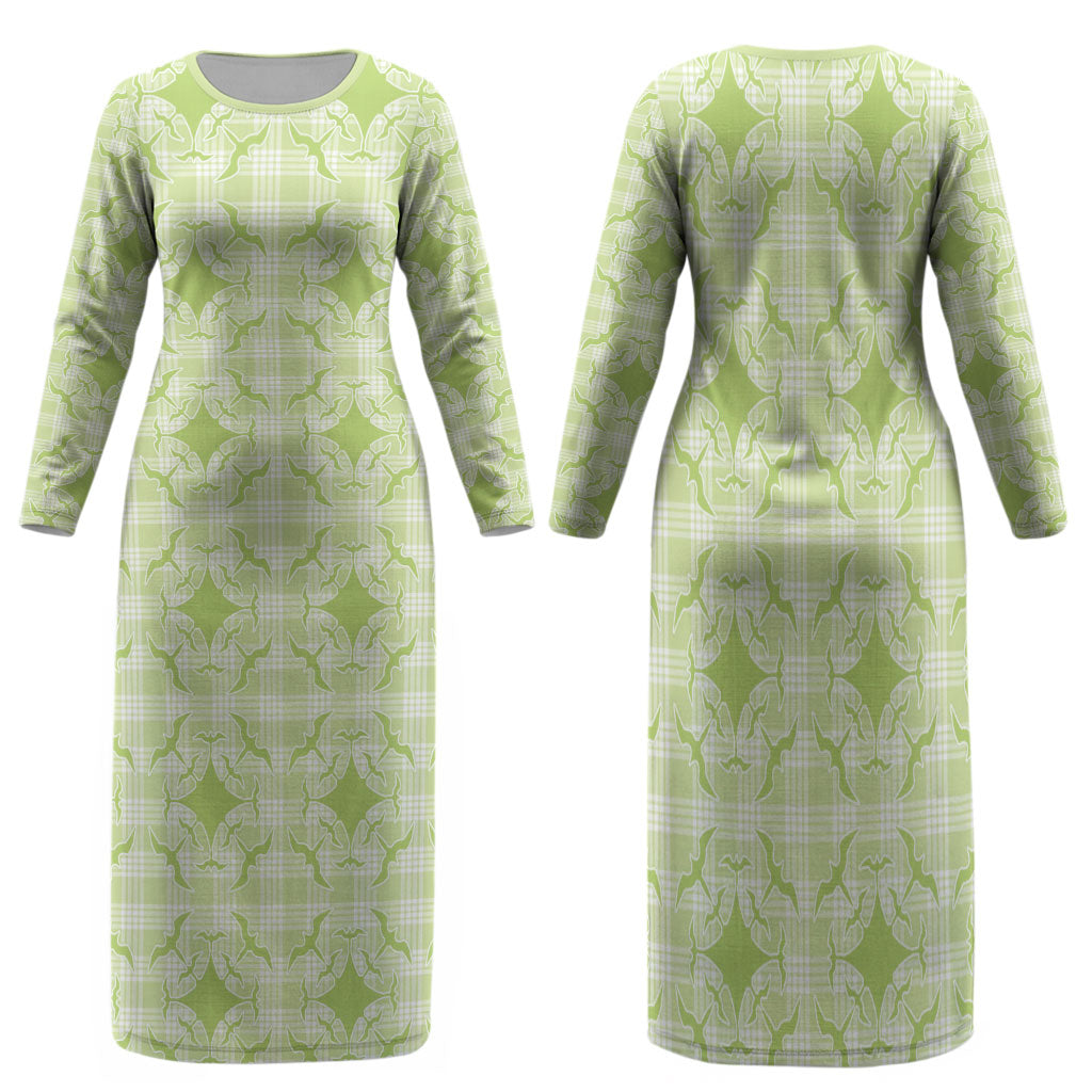 Omaomao Hawaii Iwa Bird Palaka Motifs Family Matching Long Sleeve Bodycon Dress and Hawaiian Shirt LT14 Mom's Dress Green - Polynesian Pride