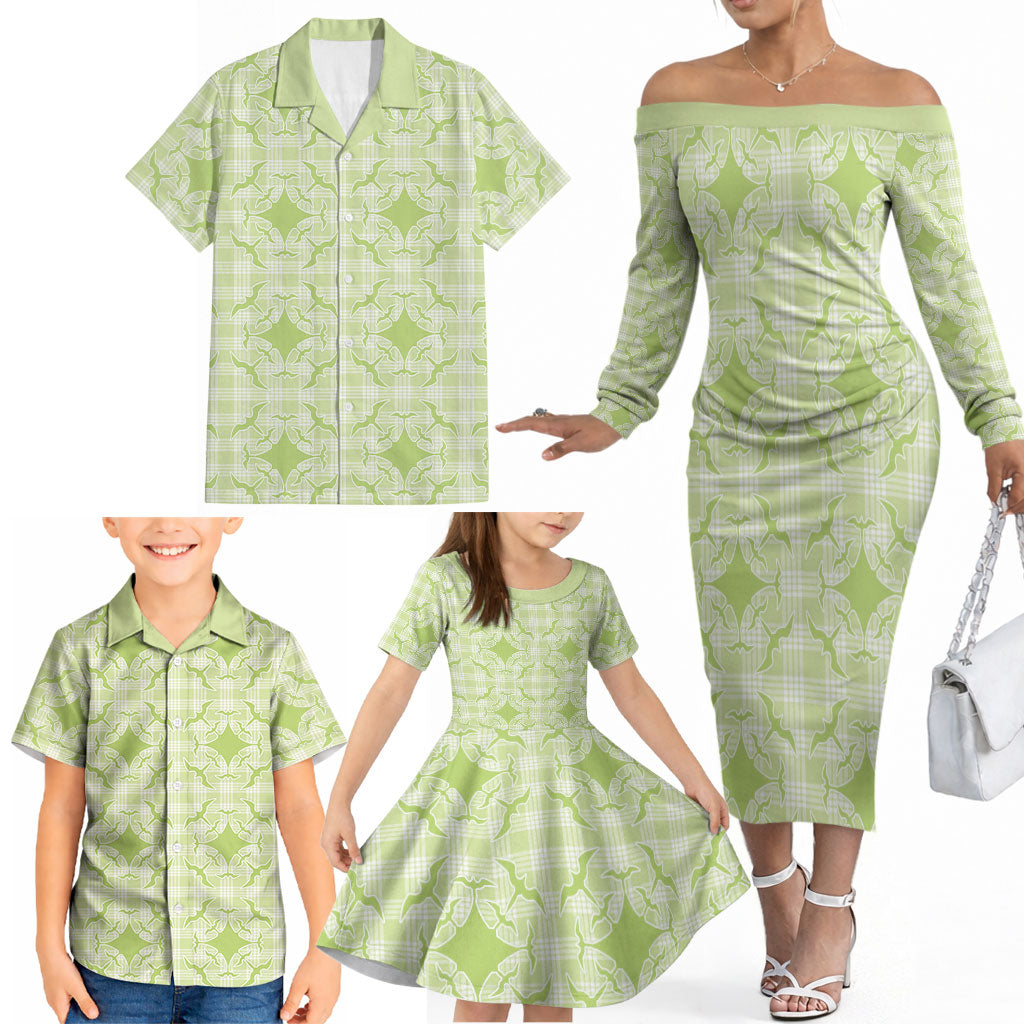 Omaomao Hawaii Iwa Bird Palaka Motifs Family Matching Off The Shoulder Long Sleeve Dress and Hawaiian Shirt LT14 - Polynesian Pride