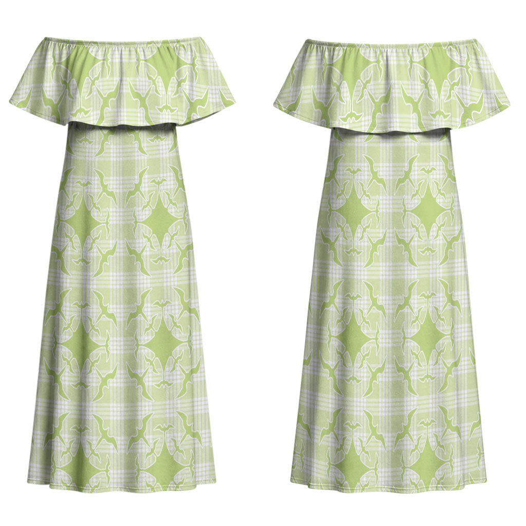 Omaomao Hawaii Iwa Bird Palaka Motifs Family Matching Off Shoulder Maxi Dress and Hawaiian Shirt LT14 Mom's Dress Green - Polynesian Pride