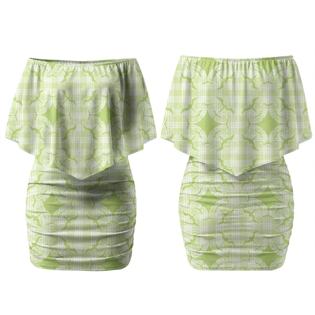 Omaomao Hawaii Iwa Bird Palaka Motifs Family Matching Off Shoulder Short Dress and Hawaiian Shirt LT14 Mom's Dress Green - Polynesian Pride