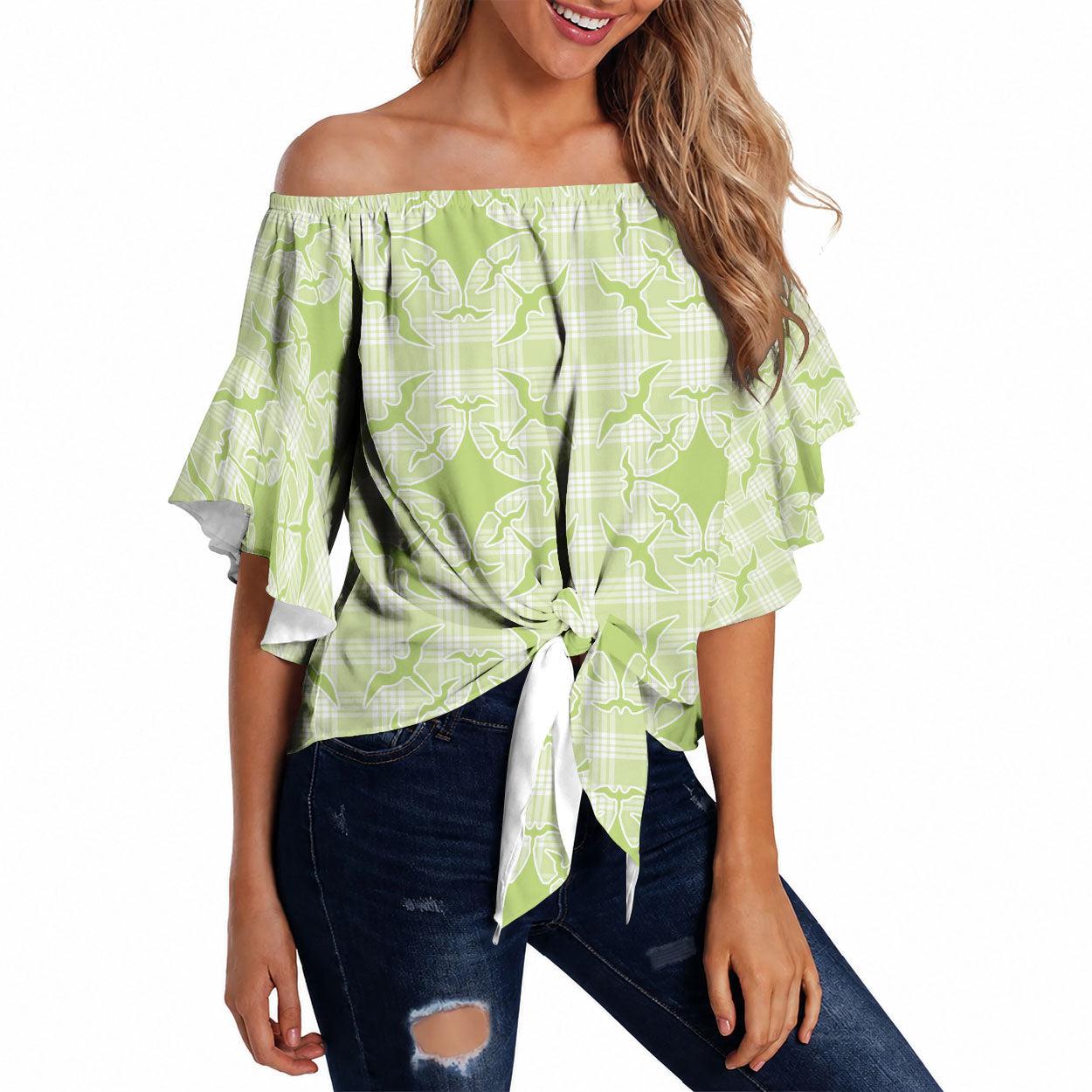 Omaomao Hawaii Iwa Bird Palaka Motifs Off Shoulder Wrap Waist Top LT14 Green - Polynesian Pride