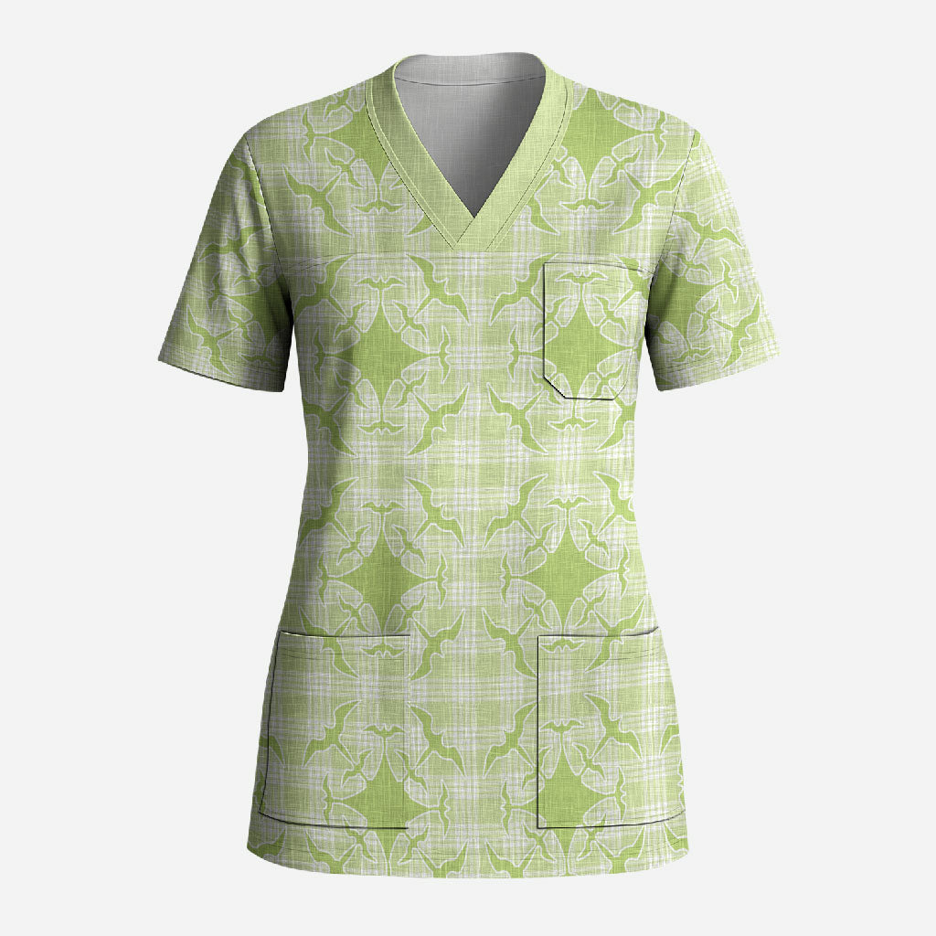 Omaomao Hawaii Iwa Bird Palaka Motifs Scrub Top LT14 Adult Green - Polynesian Pride
