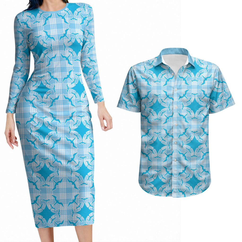 Polu Hawaii Iwa Bird Palaka Motifs Couples Matching Long Sleeve Bodycon Dress and Hawaiian Shirt LT14 Blue - Polynesian Pride
