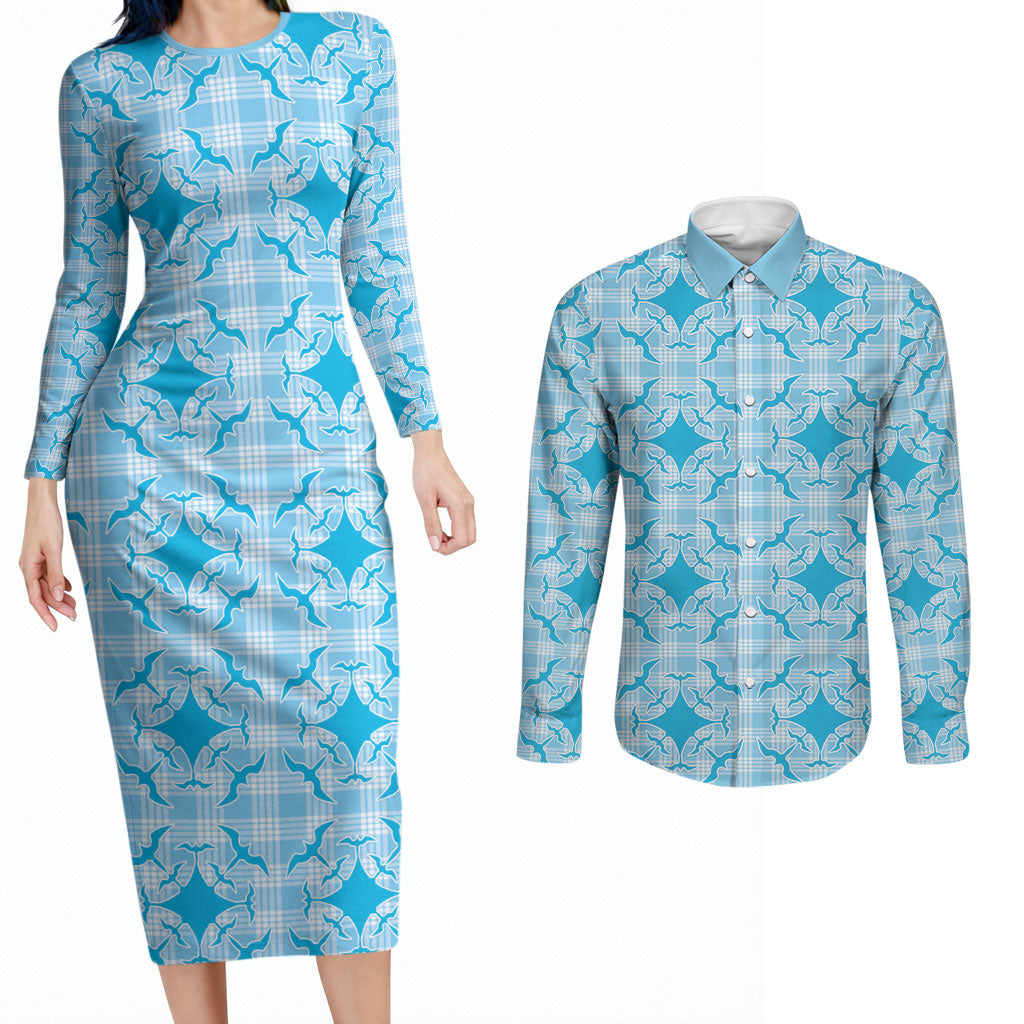 Polu Hawaii Iwa Bird Palaka Motifs Couples Matching Long Sleeve Bodycon Dress and Long Sleeve Button Shirt LT14 Blue - Polynesian Pride