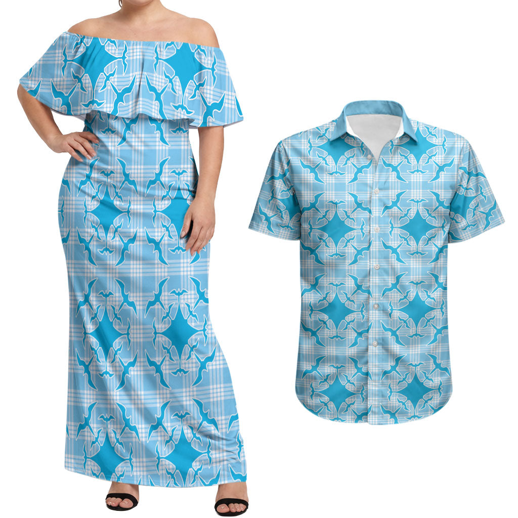 Polu Hawaii Iwa Bird Palaka Motifs Couples Matching Off Shoulder Maxi Dress and Hawaiian Shirt LT14 Blue - Polynesian Pride