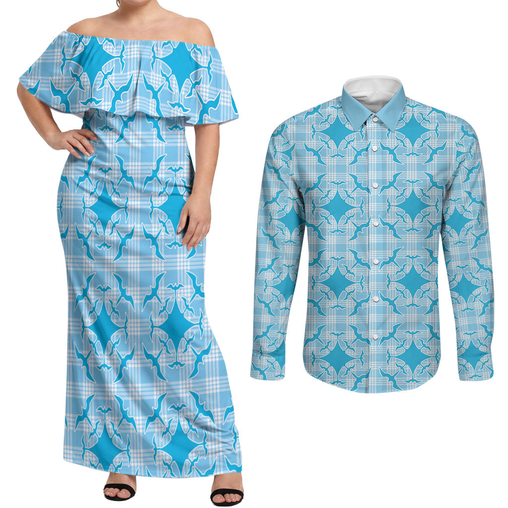 Polu Hawaii Iwa Bird Palaka Motifs Couples Matching Off Shoulder Maxi Dress and Long Sleeve Button Shirt LT14 Blue - Polynesian Pride
