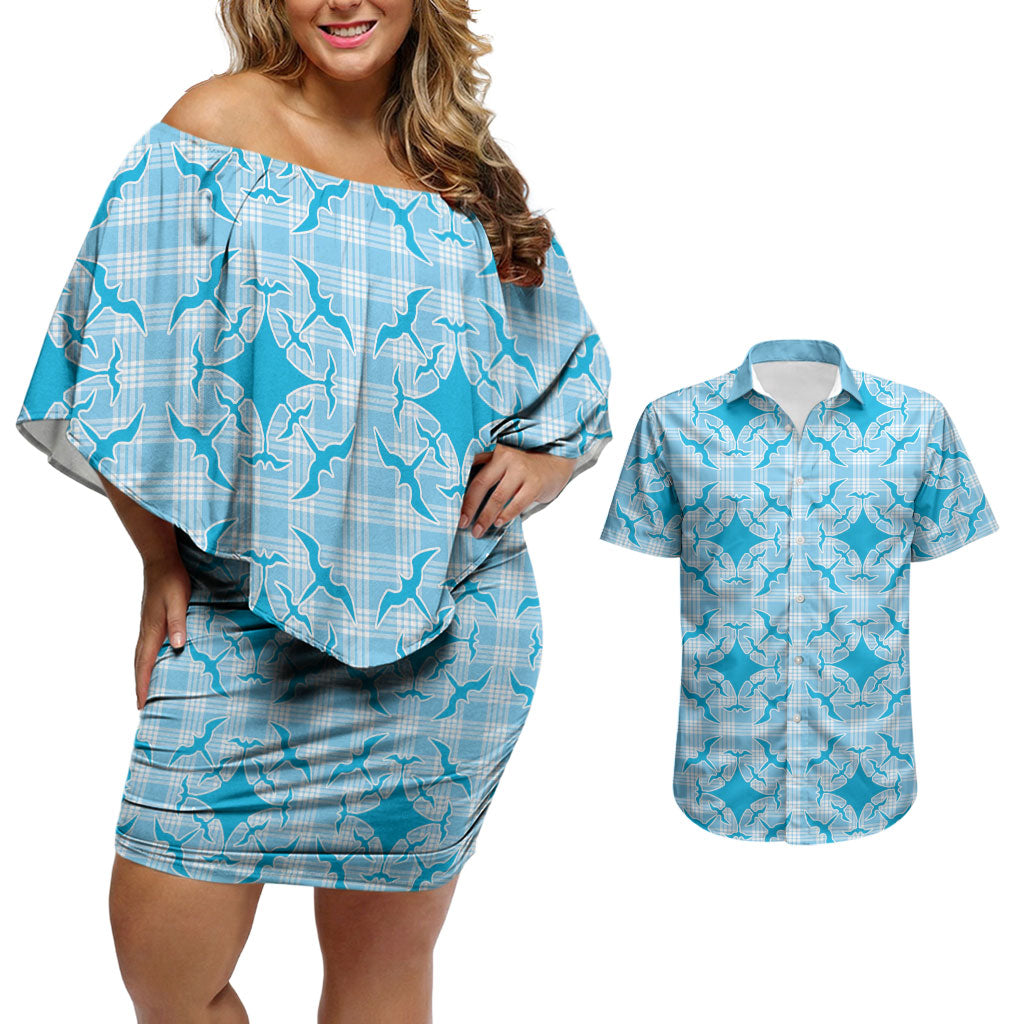 Polu Hawaii Iwa Bird Palaka Motifs Couples Matching Off Shoulder Short Dress and Hawaiian Shirt LT14 Blue - Polynesian Pride