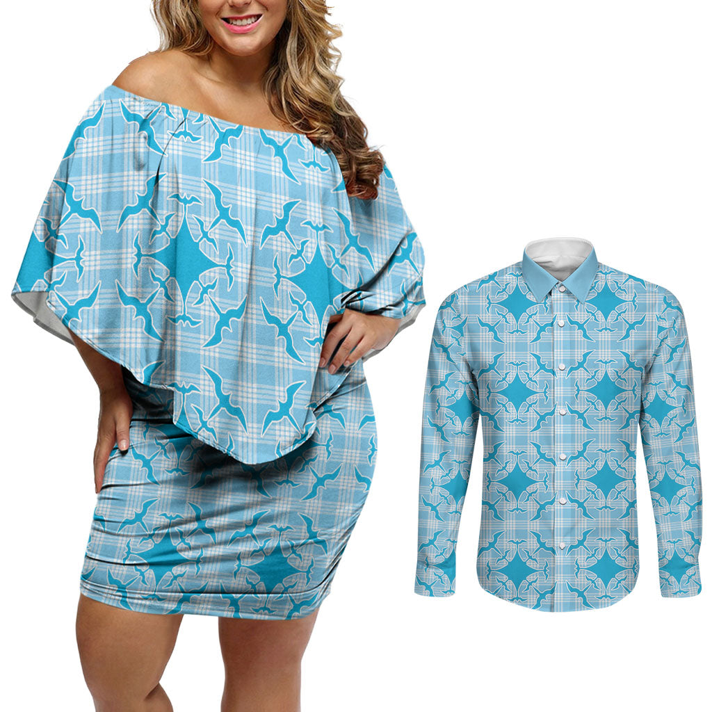 Polu Hawaii Iwa Bird Palaka Motifs Couples Matching Off Shoulder Short Dress and Long Sleeve Button Shirt LT14 Blue - Polynesian Pride