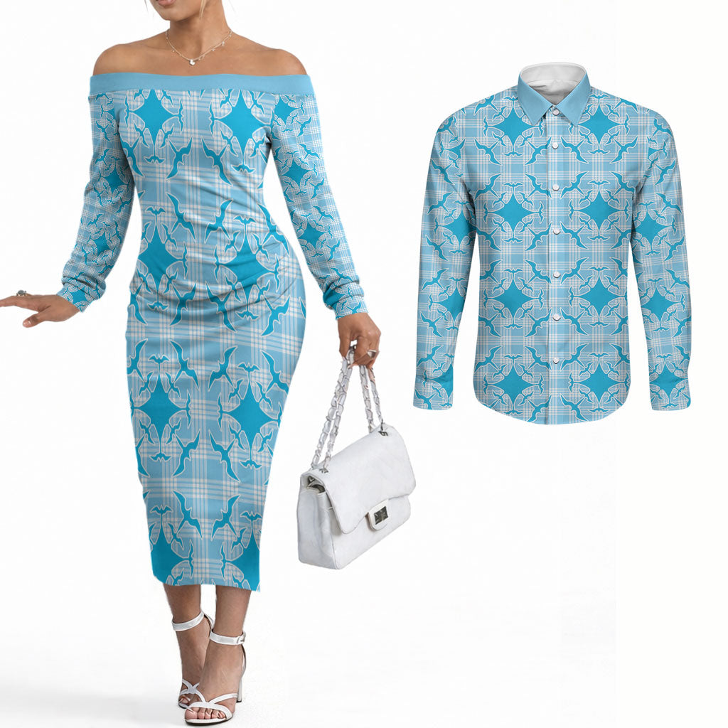 Polu Hawaii Iwa Bird Palaka Motifs Couples Matching Off The Shoulder Long Sleeve Dress and Long Sleeve Button Shirt LT14 Blue - Polynesian Pride