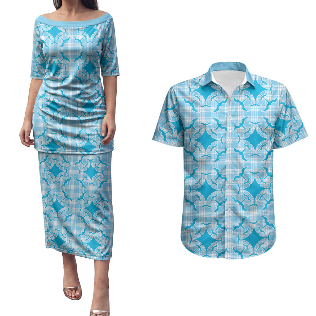 Polu Hawaii Iwa Bird Palaka Motifs Couples Matching Puletasi and Hawaiian Shirt LT14 Blue - Polynesian Pride