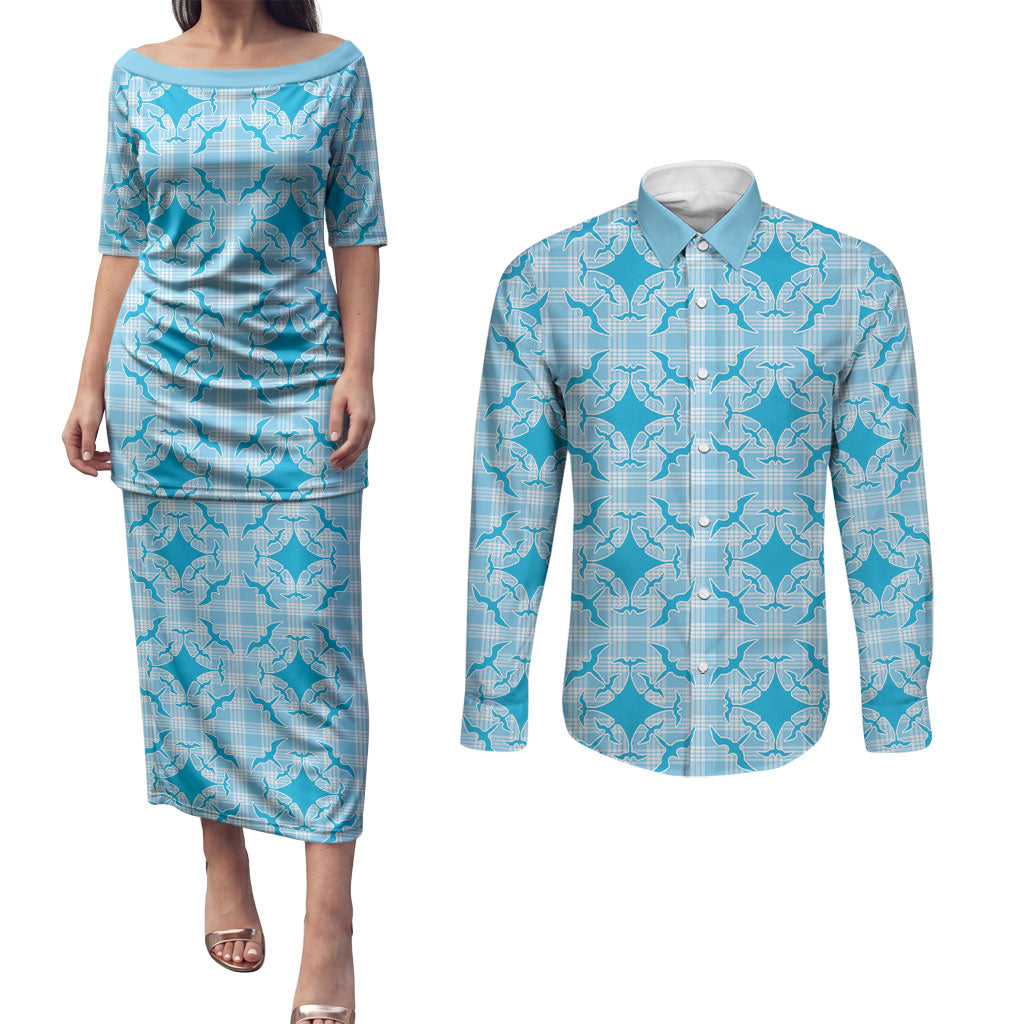 Polu Hawaii Iwa Bird Palaka Motifs Couples Matching Puletasi and Long Sleeve Button Shirt LT14 Blue - Polynesian Pride