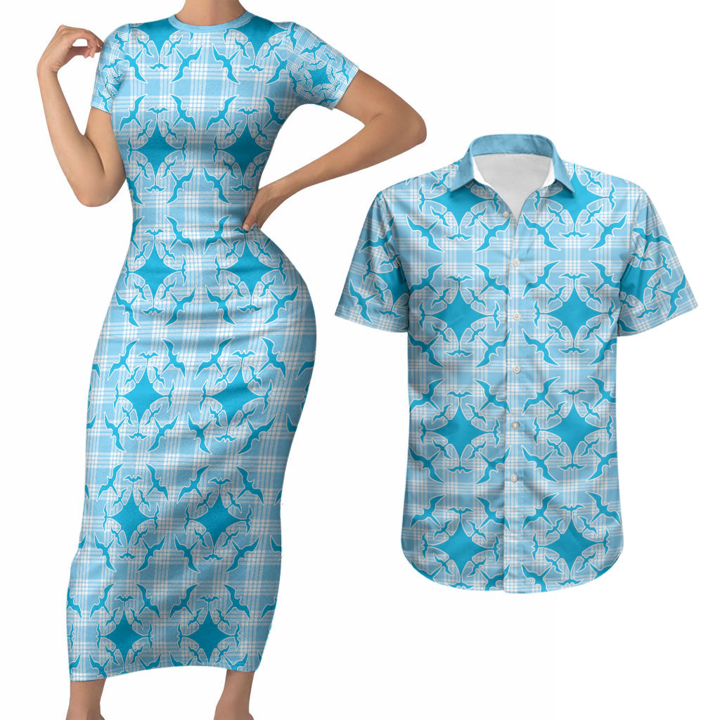 Polu Hawaii Iwa Bird Palaka Motifs Couples Matching Short Sleeve Bodycon Dress and Hawaiian Shirt LT14 Blue - Polynesian Pride