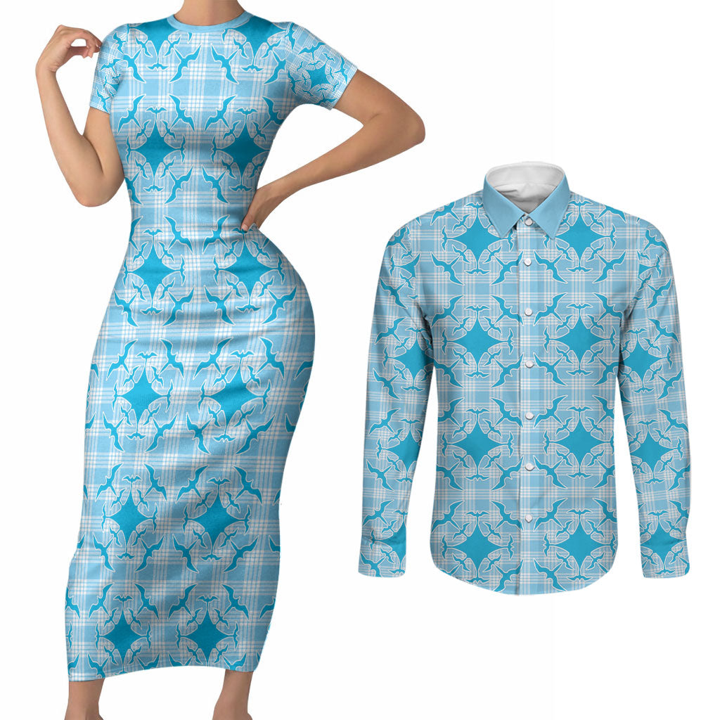 Polu Hawaii Iwa Bird Palaka Motifs Couples Matching Short Sleeve Bodycon Dress and Long Sleeve Button Shirt LT14 Blue - Polynesian Pride