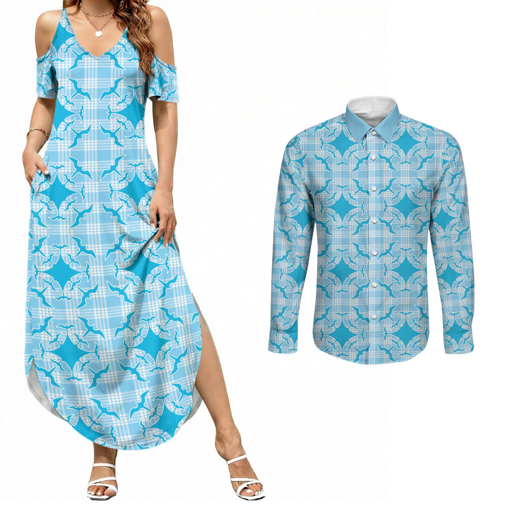 Polu Hawaii Iwa Bird Palaka Motifs Couples Matching Summer Maxi Dress and Long Sleeve Button Shirt LT14 Blue - Polynesian Pride
