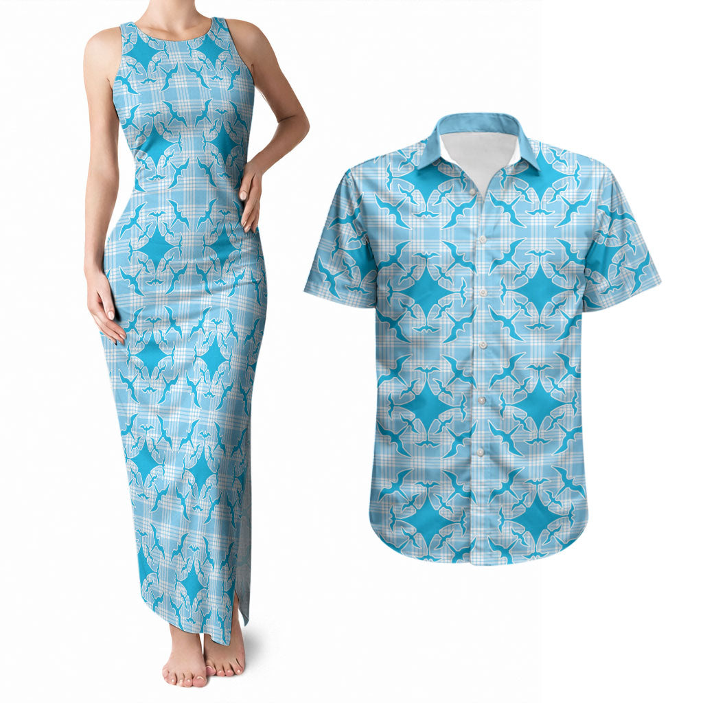 Polu Hawaii Iwa Bird Palaka Motifs Couples Matching Tank Maxi Dress and Hawaiian Shirt LT14 Blue - Polynesian Pride