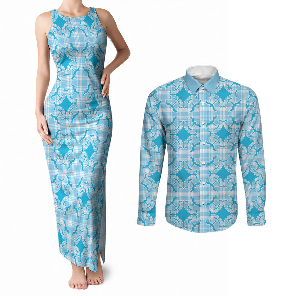 Polu Hawaii Iwa Bird Palaka Motifs Couples Matching Tank Maxi Dress and Long Sleeve Button Shirt LT14 Blue - Polynesian Pride