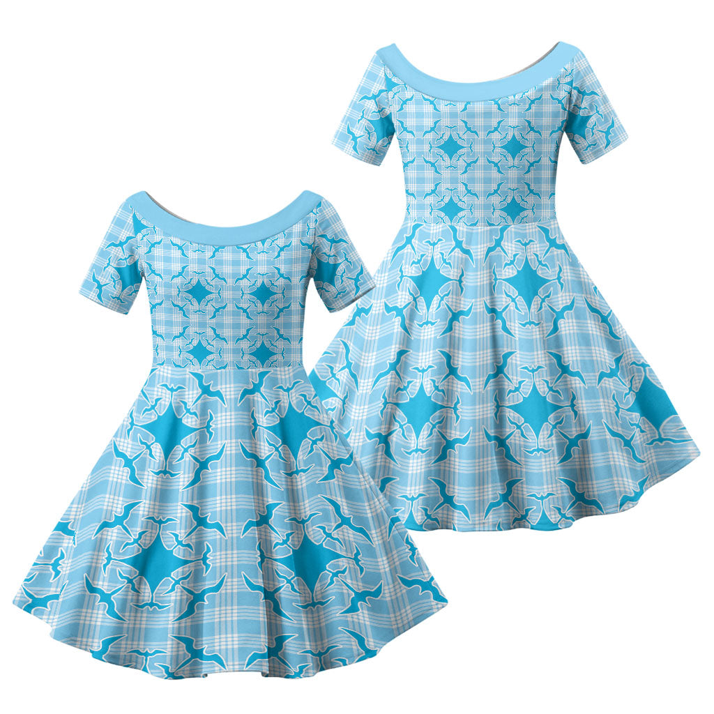 Polu Hawaii Iwa Bird Palaka Motifs Family Matching Long Sleeve Bodycon Dress and Hawaiian Shirt LT14 Daughter's Dress Blue - Polynesian Pride
