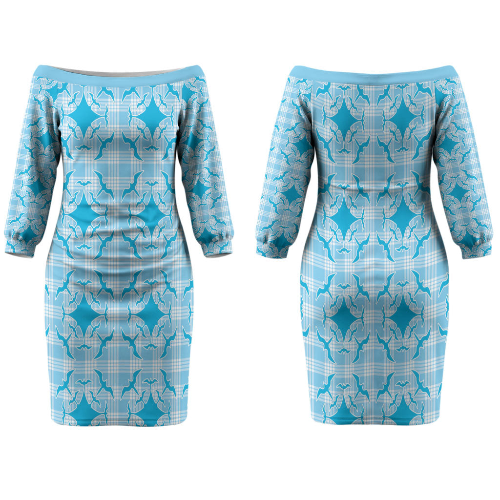 Polu Hawaii Iwa Bird Palaka Motifs Family Matching Off The Shoulder Long Sleeve Dress and Hawaiian Shirt LT14 Mom's Dress Blue - Polynesian Pride