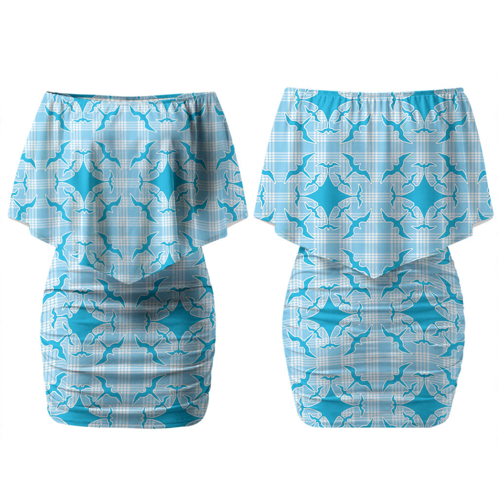 Polu Hawaii Iwa Bird Palaka Motifs Family Matching Off Shoulder Short Dress and Hawaiian Shirt LT14 Mom's Dress Blue - Polynesian Pride