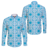 Polu Hawaii Iwa Bird Palaka Motifs Family Matching Off Shoulder Short Dress and Hawaiian Shirt LT14 Dad's Shirt - Long Sleeve Blue - Polynesian Pride