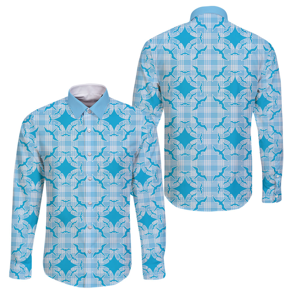 Polu Hawaii Iwa Bird Palaka Motifs Family Matching Short Sleeve Bodycon Dress and Hawaiian Shirt LT14 Dad's Shirt - Long Sleeve Blue - Polynesian Pride