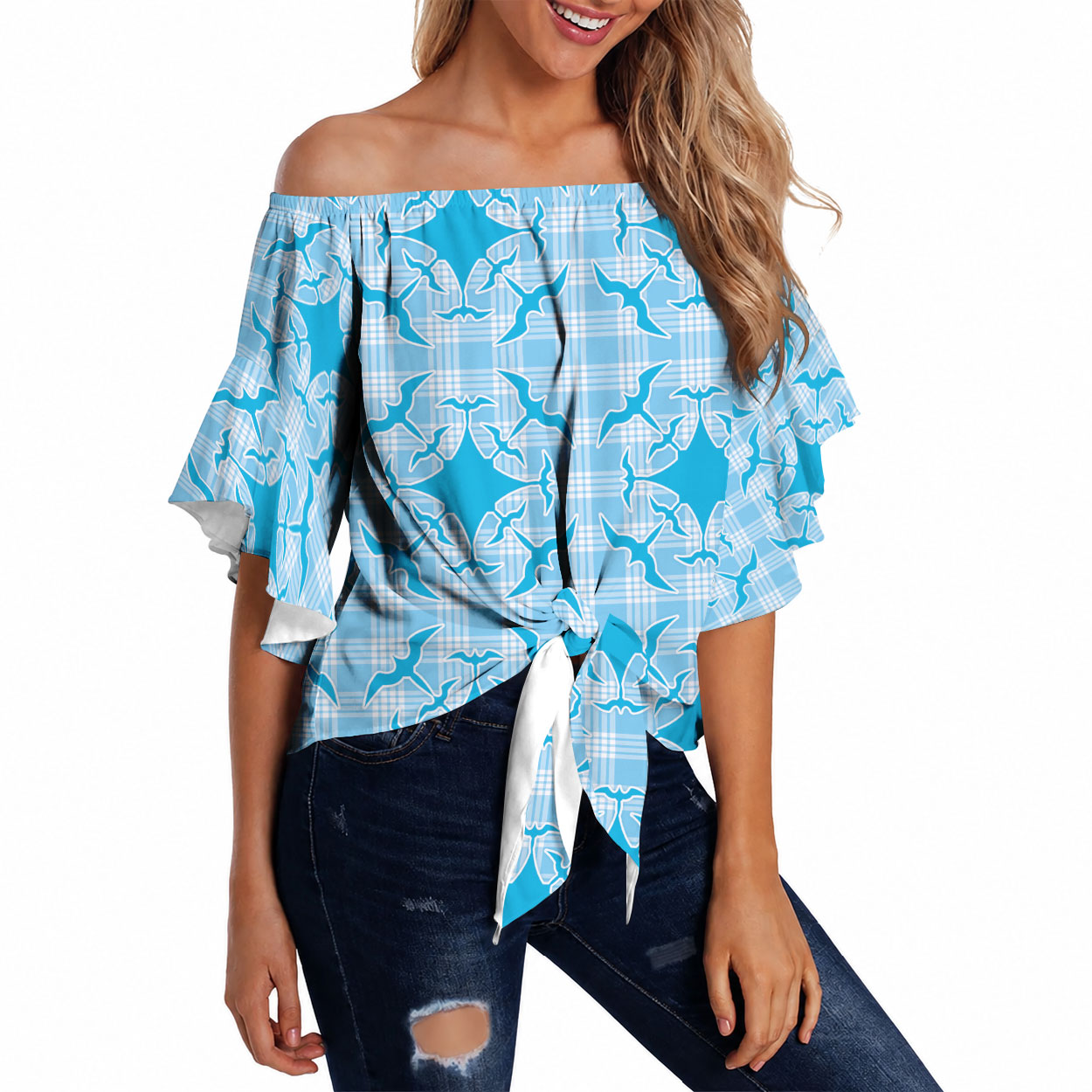 Polu Hawaii Iwa Bird Palaka Motifs Off Shoulder Wrap Waist Top LT14 Blue - Polynesian Pride