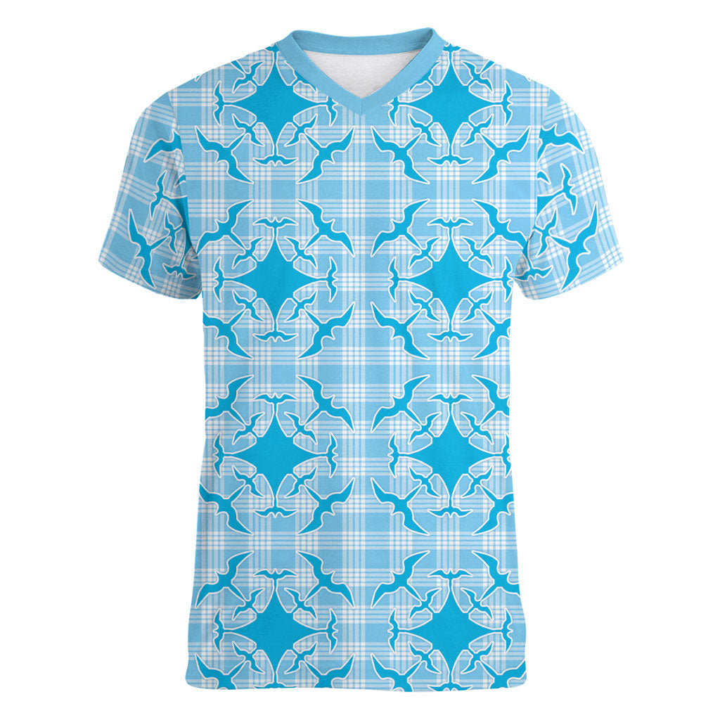 Polu Hawaii Iwa Bird Palaka Motifs Women V-Neck T-Shirt LT14 Female Blue - Polynesian Pride